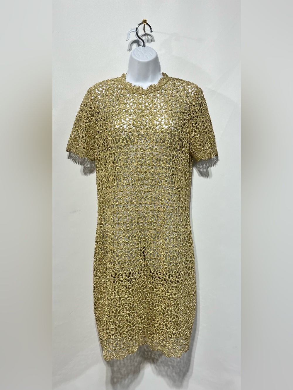 VTG Rickie Freeman Gold Metallic Open Crochet Knit Dress Size 8